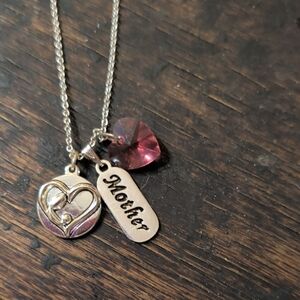 Source Unknown Silver 'Mother' Pendant Necklace with Pink Heart Crystal